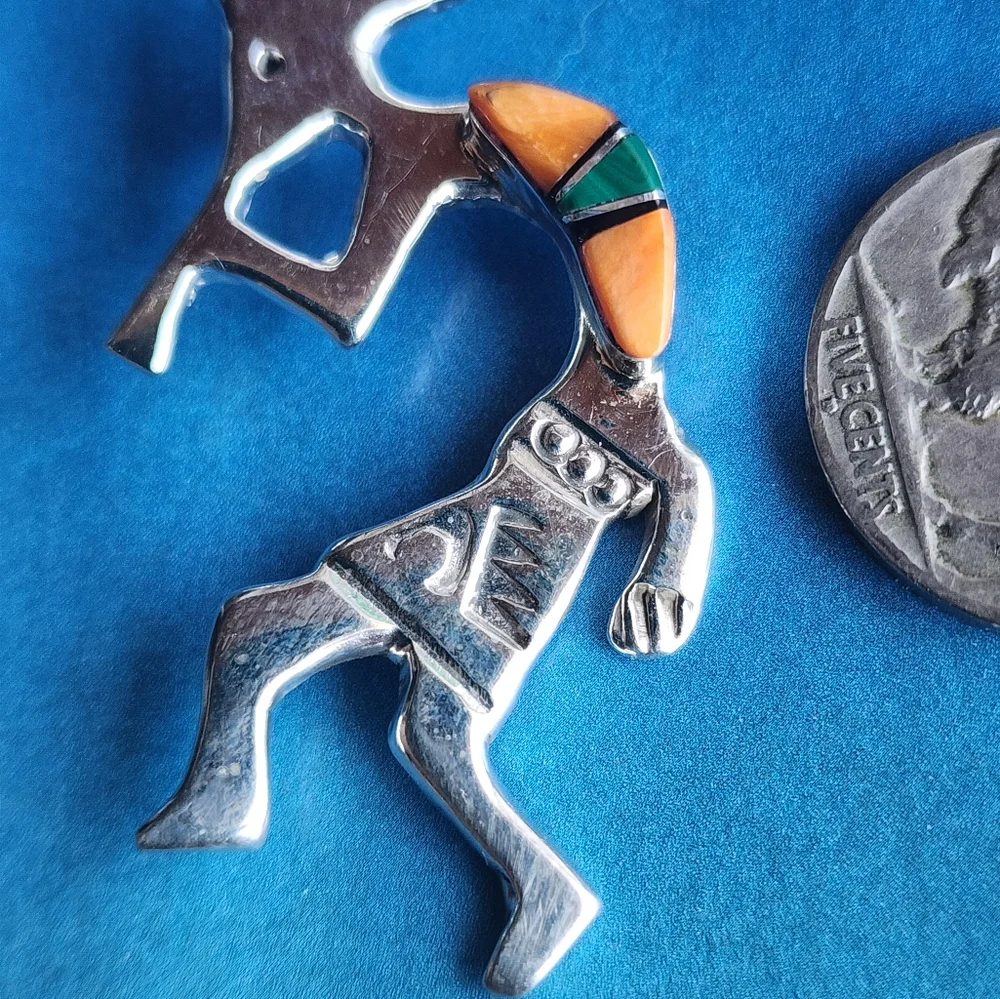 Silver Kokopelli Brooch with Apple Coral and Malachite Accents~ - Picture 4 of 8